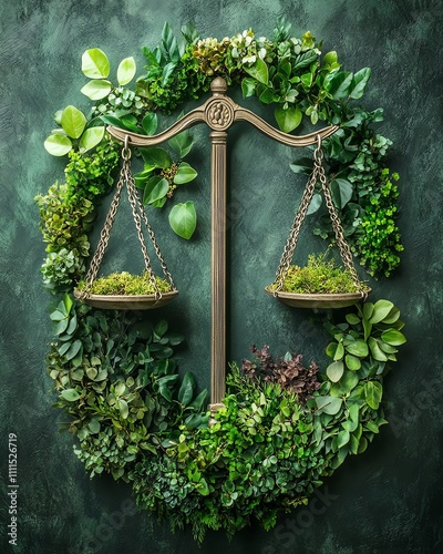 A symbolic representation of the scales of justice amidst flourishing vegetation, showcasing the crucial balance between law enforcement and ecoconscious efforts photo