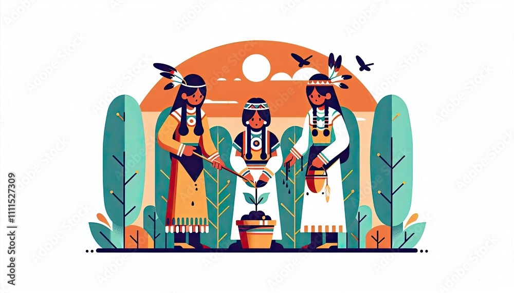 Obraz premium Native American sisters teaching traditional planting techniques to youth