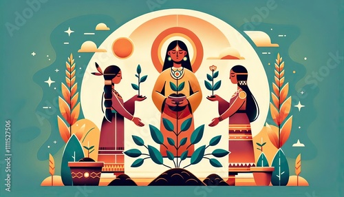 Three sisters teaching agricultural wisdom in a harmonious abstract illustration
