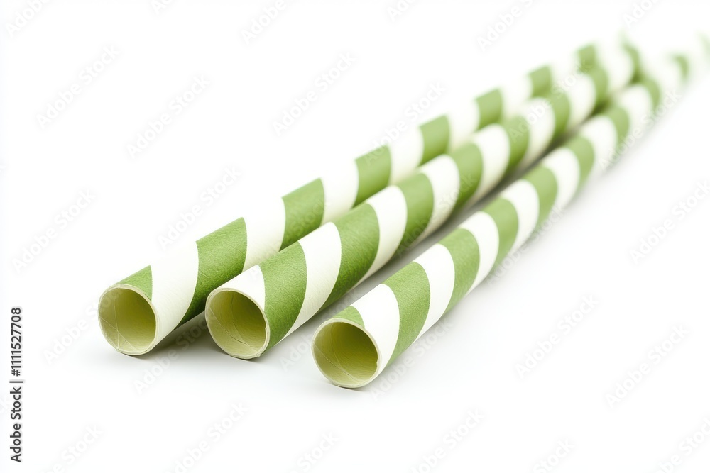 Green striped eco paper straw isolated on white background Green striped eco paper straw isolated on white background