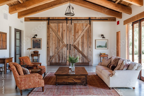 Charming country room with a wooden sofa armchairs a wide coffee table and a large wooden barnstyle door The design stands out beautifully against the clean white background photo