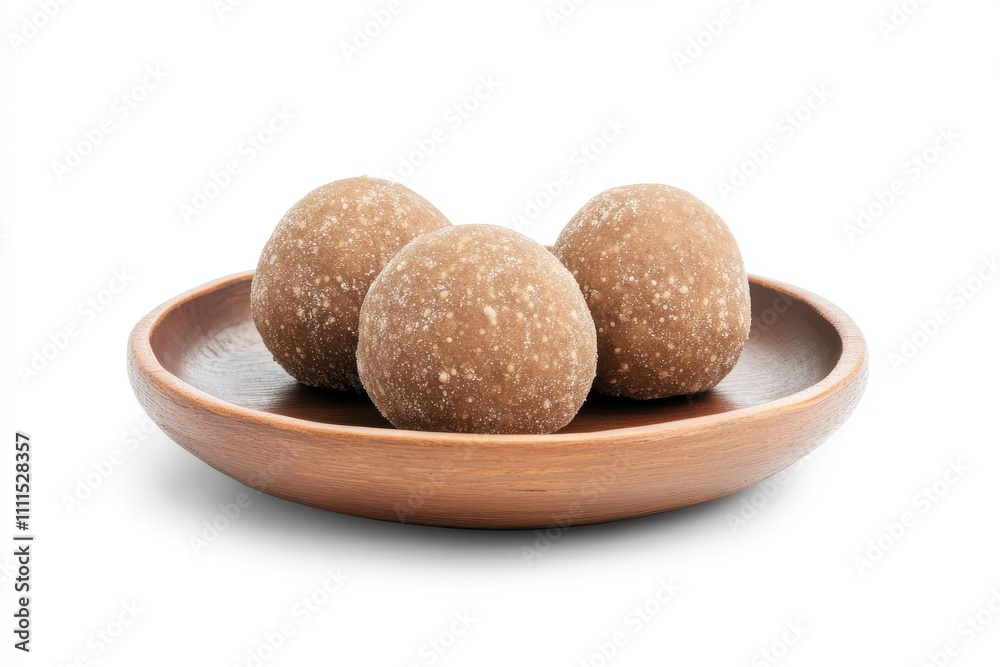 Indian dessert food. Laddu on plate isolated white background Indian dessert food. Laddu on plate isolated white background