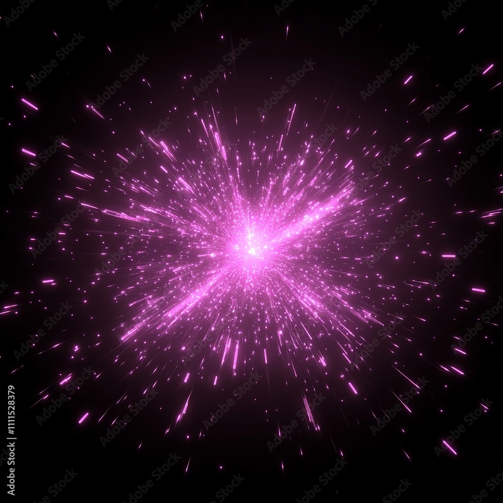 Fototapeta premium Pink light burst, radiating energy, sparks, glowing particles on black background.