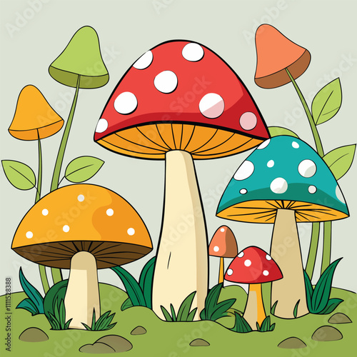 set of forest mushrooms cartoon drawings vector