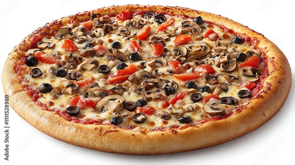 A delicious pizza with a golden crust topped with melted mozzarella cheese, mushrooms, tomatoes and black olives, isolated on a white background. A delicious pizza with a golden crust topped with melted mozzarella cheese, mushrooms, tomatoes and black olives, isolated on a white background.