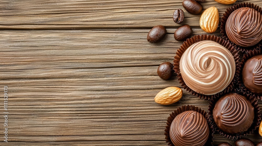 Delicious assorted chocolates and nuts on rustic wooden background. Delicious assorted chocolates and nuts on rustic wooden background.