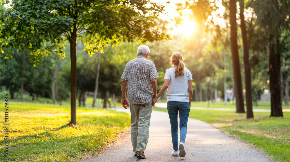 Obraz premium Elderly man and woman walking in park during sunset, supportive moment