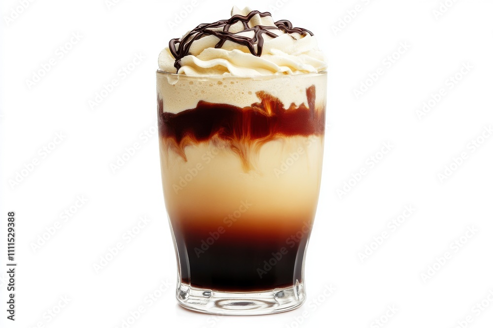 Layered iced coffee drink tall clear glass frothy whipped cream topping chocolate syrup drizzle Layered iced coffee drink tall clear glass frothy whipped cream topping chocolate syrup drizzle