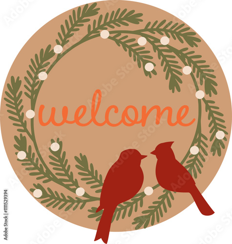 red cardinal bird round welcome sign svg, laser cut files glowforge, front door hanger, table shelf sitter, christmas wreath, circle frame december winter tree branch leaf snow, silhouette cricut
