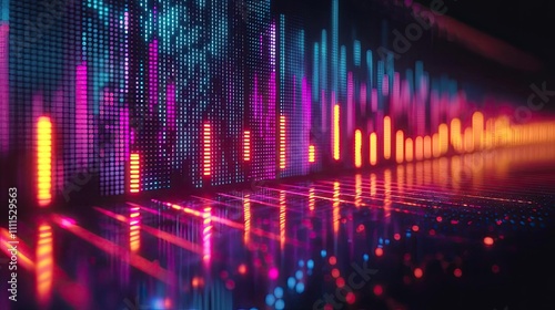 Colorful digital sound wave patterns on a dark background.
