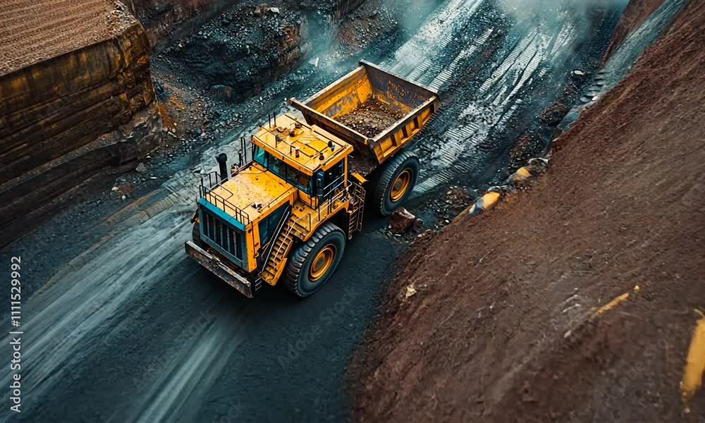 Large yellow dump truck transporting materials in a mining site. Large yellow dump truck transporting materials in a mining site.