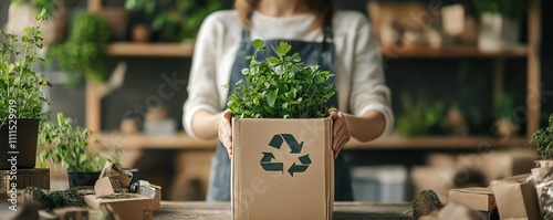 A person embracing an ecoconscious lifestyle, surrounded by renewable materials, recycling solutions, and natureinspired designs to reduce environmental footprint photo