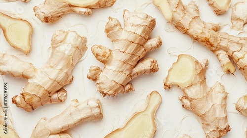 A close-up view of fresh ginger roots arranged on a light background. photo