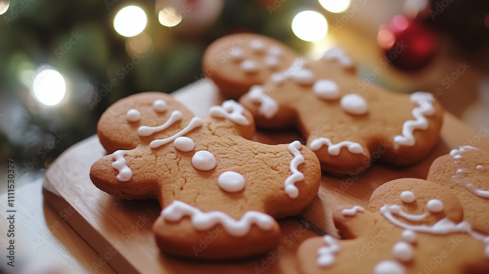 Festive Gingerbread Cookies on Wooden Board Festive Gingerbread Cookies on Wooden Board
