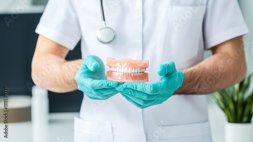 Dentist holding dentures with care in clinic setting