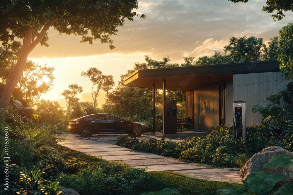 Modern eco friendly home exterior solar panel electric vehicle charging stations warm sunset light lush greenery Modern eco friendly home exterior solar panel electric vehicle charging stations warm sunset light lush greenery