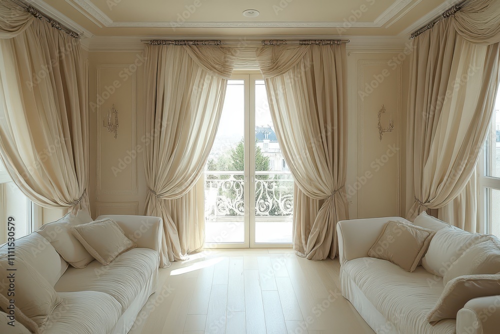 Elegant beige curtains frame French doors, sunlight streaming in. Perfect for interior design, home decor, or luxury lifestyle websites. Elegant beige curtains frame French doors, sunlight streaming in. Perfect for interior design, home decor, or luxury lifestyle websites.