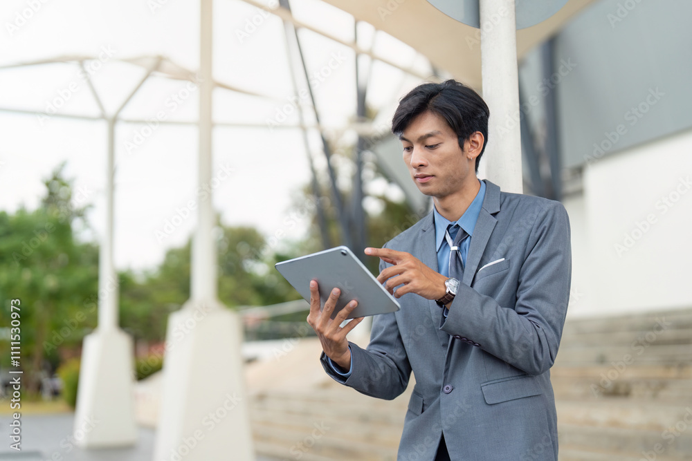 Asian businessman interacting with tablet in outdoors Asian businessman interacting with tablet in outdoors