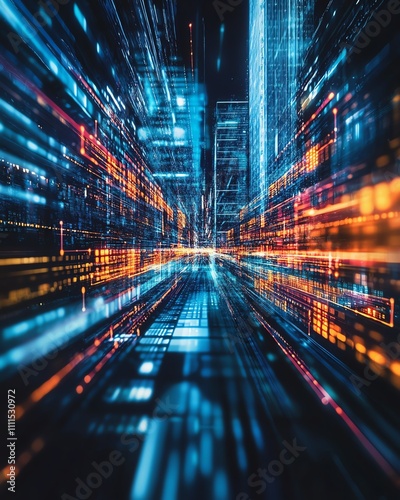 Dynamic abstract image illustrating digital transformation in business  with advanced technology integrating into corporate processes for increased efficiency and innovation