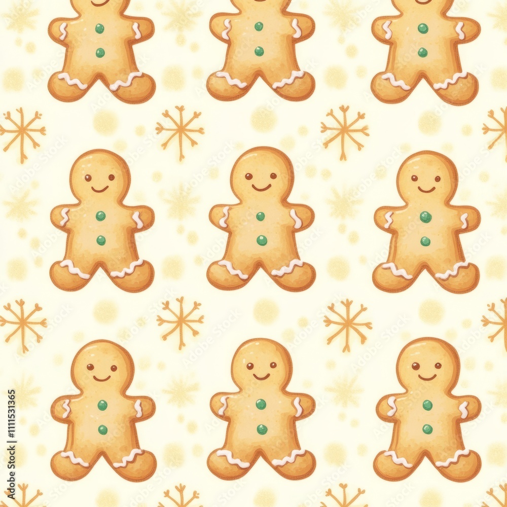 Seamless pattern of cute gingerbread men and snowflakes on a light yellow background. Seamless pattern of cute gingerbread men and snowflakes on a light yellow background.