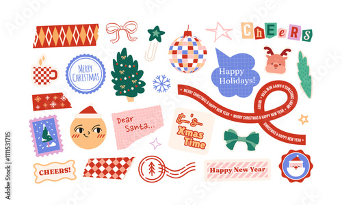 New Year stickers in collage style. Christmas elements for planners, banners decoration, greeting labels set. Emoji and cute characters, xmas stamps, letters, torn paper and tapes. Vector illustration