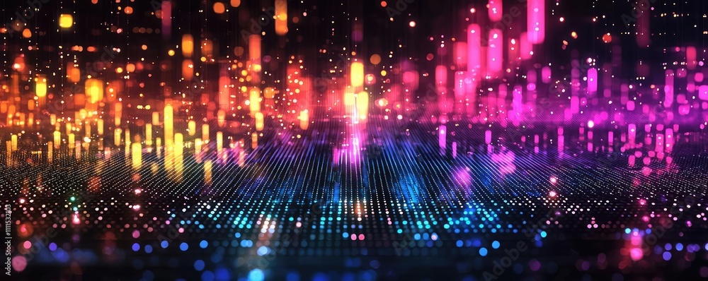 Obraz premium Vibrant digital waves with colorful lights and patterns, abstract art.
