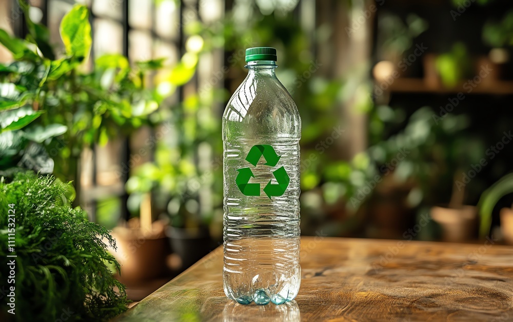 Single clear plastic bottle with a green recycling symbol, highlighting the importance of recycling PET packaging in environmental waste management Single clear plastic bottle with a green recycling symbol, highlighting the importance of recycling PET packaging in environmental waste management