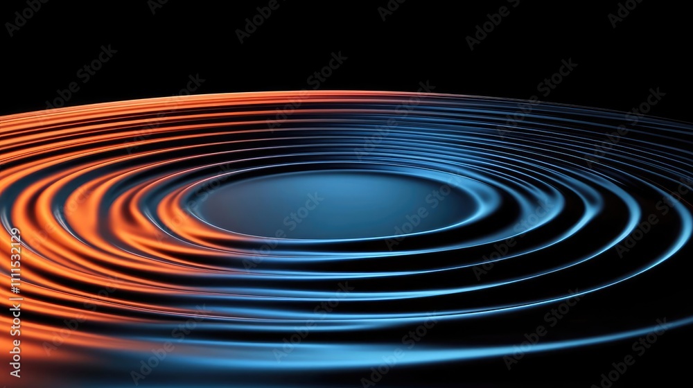 Abstract circular waves, blue and orange gradient, black background. Abstract circular waves, blue and orange gradient, black background.