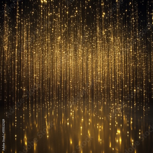Shimmering golden rain falling on dark reflective surface.