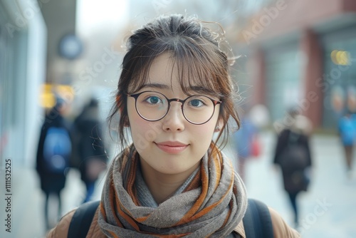 Young woman with glasses and scarf outdoors.