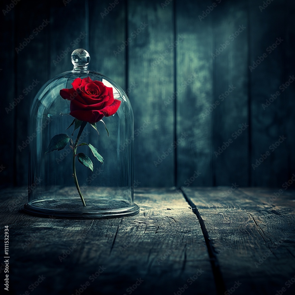 Single red rose under glass dome on rustic wood. Single red rose under glass dome on rustic wood.