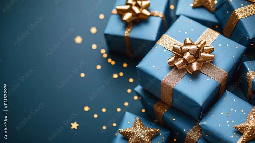 Elegant light blue gift boxes with gold ribbons and star-shaped confetti create a festive atmosphere, ideal for holiday celebrations, Christmas promotions, and special occasions. Elegant light blue gift boxes with gold ribbons and star-shaped confetti create a festive atmosphere, ideal for holiday celebrations, Christmas promotions, and special occasions.