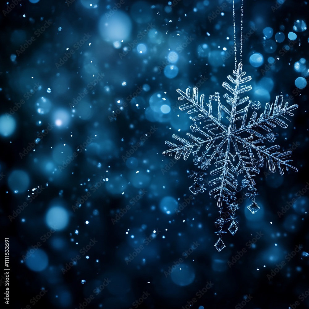 Sparkling snowflake ornament hanging against a bokeh background of blue and white lights, suggesting winter, holidays, or a magical atmosphere. Sparkling snowflake ornament hanging against a bokeh background of blue and white lights, suggesting winter, holidays, or a magical atmosphere.
