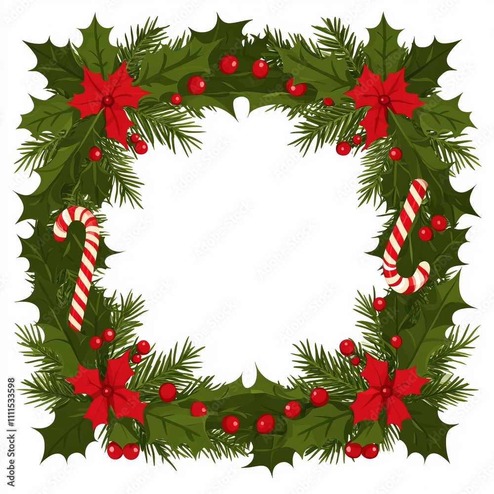 Square Christmas wreath frame with holly, berries, candy canes, and poinsettias. Square Christmas wreath frame with holly, berries, candy canes, and poinsettias.