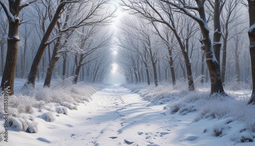 Frozen forest path with snow-covered branches and trees in the background, winter wonderland, frozen forest, winter woods
