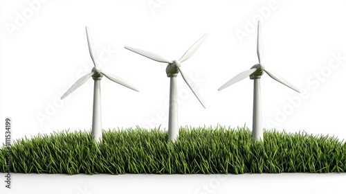 Three wind turbines stand on green grass representing renewable energy and sustainability. photo