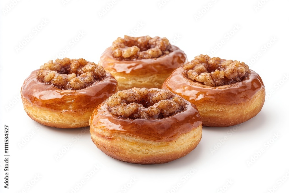 Three sweet cinnamon rolls with brown sugar filling and glaze isolated on a white background Three sweet cinnamon rolls with brown sugar filling and glaze isolated on a white background