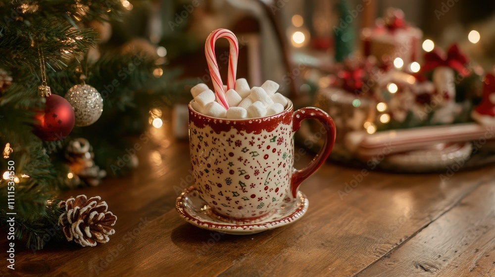 A cozy holiday scene featuring a festive mug filled with marshmallows and a candy cane. A cozy holiday scene featuring a festive mug filled with marshmallows and a candy cane.