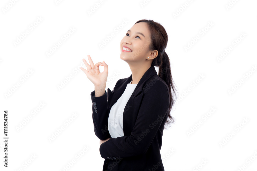 Portrait young asian business woman in suit gesture ok with confident and achievement isolated white background, businesswoman with expression with satisfaction and smile, business concept. Portrait young asian business woman in suit gesture ok with confident and achievement isolated white background, businesswoman with expression with satisfaction and smile, business concept.