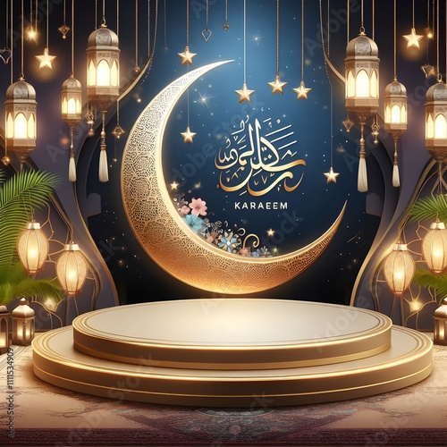 3D serene moonlight shine through mosque door falls on crescent and gift box. Calligraphiy Translation Eid Mubarak photo