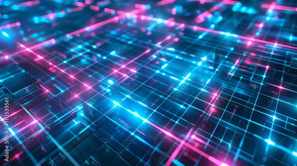 Abstract digital background showing a futuristic neon grid pattern glowing with blue and pink lights Abstract digital background showing a futuristic neon grid pattern glowing with blue and pink lights