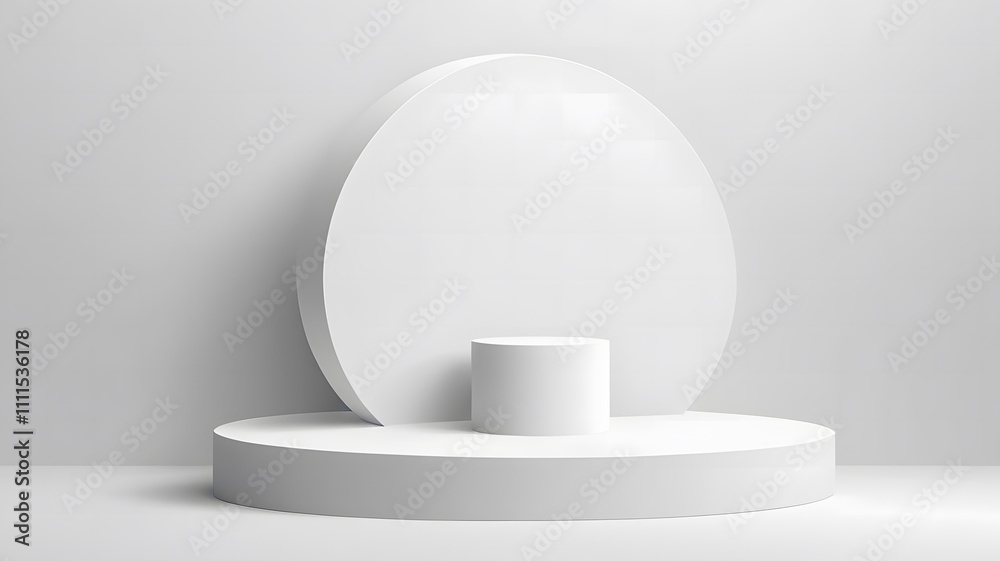 3D white cylindrical podium pedestal background with cube pedestal, Clean empty wall scene. Minimal mockup or abstract product display presentation, Stage showcase. Platforms vector geometric design