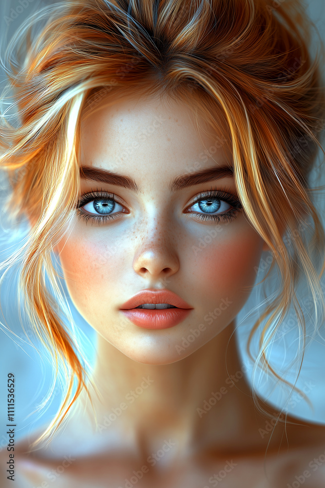 Naklejka premium A woman with blonde hair and blue eyes is wearing makeup. She has a bright smile and her eyes are wide open