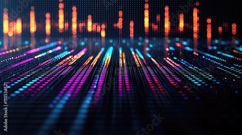 Colorful digital sound waves with vibrant lights on a dark background