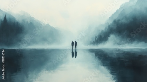 Jesus Christ Miracle Walking on Water Silhouette in Misty Lake Landscape Scene with Disciples