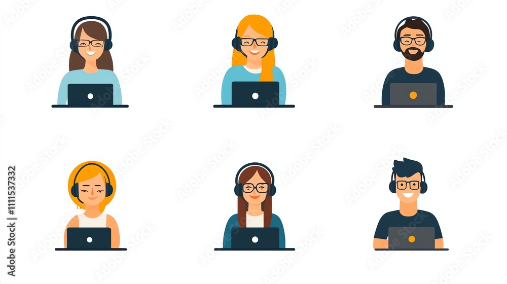 A set of avatars of people with headsets. A set of avatars of people with headsets.