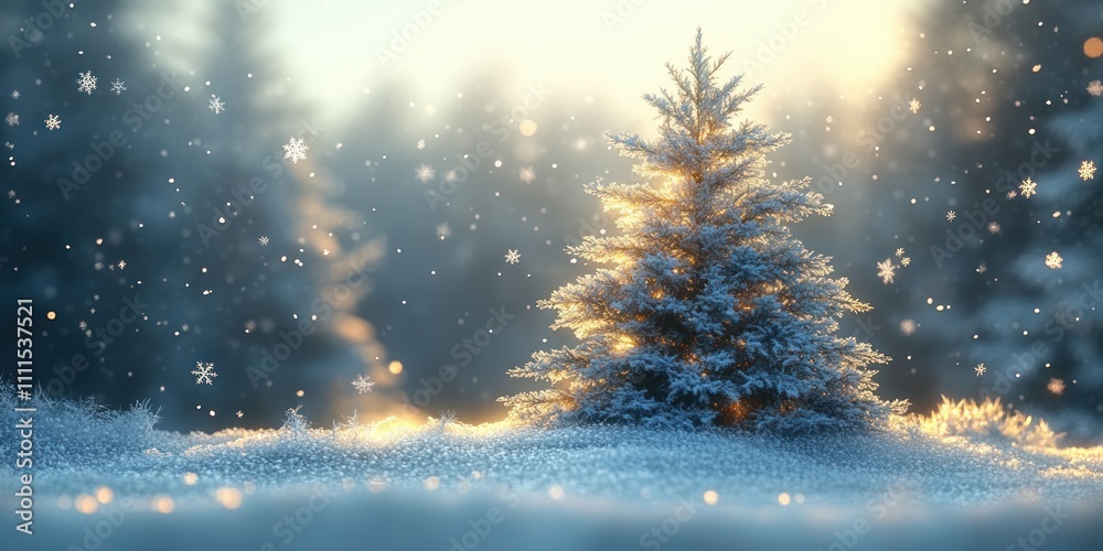 Naklejka premium Winter Landscape with Pine Tree and Snowflakes, Serene Christmas Background for Holiday Celebration