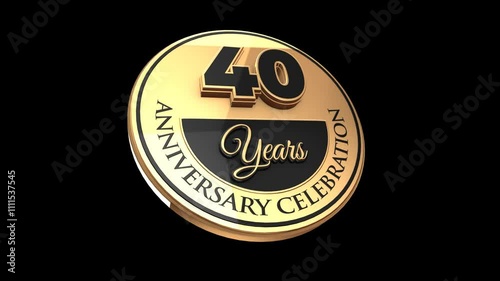 40 years, 40th anniversary logo, loop, looped video in 3D Gold with Alpha channel,  isolated transparent background