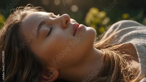 Young woman with long hair enjoying sun with closed eyes getting natural vitamin D outdoors. Peace of mind. Mindfulness, mental health, spirituality, well-being, unwind yourself photo