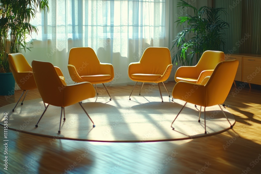Five yellow chairs arranged in a circle on a rug, bathed in sunlight. Perfect for therapy, meetings, or discussions; evokes a sense of openness and communication. Five yellow chairs arranged in a circle on a rug, bathed in sunlight. Perfect for therapy, meetings, or discussions; evokes a sense of openness and communication.